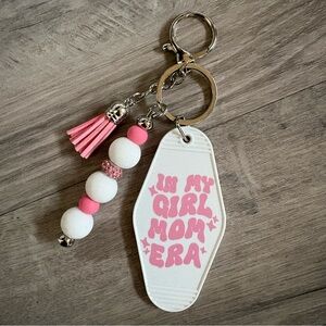 Pink & White Beaded Tassel Keychain – 'In My Girl Mom Era' Made by Me
